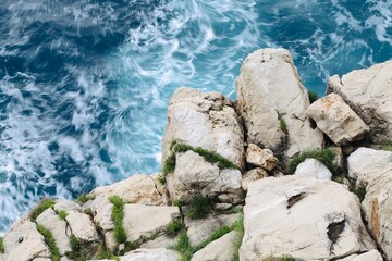 White rocky cliff with wavey blue sea water. Ocean background