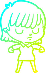 cold gradient line drawing of a cartoon woman