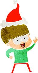 happy hand drawn retro cartoon of a boy wearing santa hat