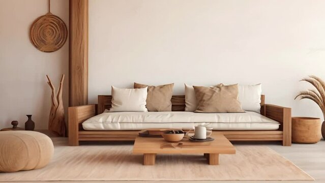 Boho living room interior background, minimalism. Animation.
