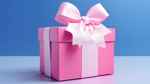     Gift pink box with ribbon on a blue background. Animation.