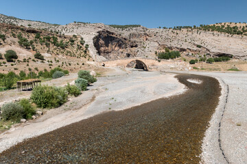 view over the Cendere river and the the old Roman arch bridge, Adıyaman Province, Turkey