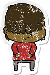 distressed sticker of a cartoon boy with untidy hair