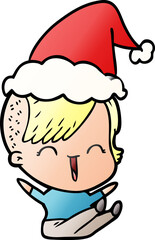 hand drawn gradient cartoon of a happy hipster girl wearing santa hat