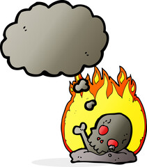 cartoon burning old bones with thought bubble