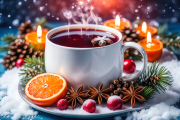 Winter Holiday drink. Mulled wine, juice, cocktail with citrus fruits, berries and spices. Traditional hot drink at Christmas time