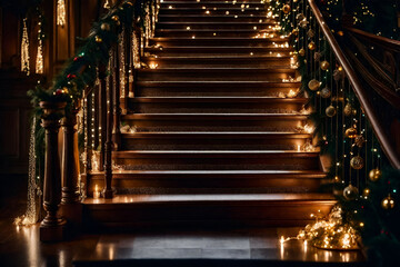Glimmering Steps to Joy: Transforming a Staircase into a Festive Christmas Display,A Warm Welcome Awaits: Glowing Christmas Decorations Embracing the Entryway with Festive Brilliance Generative AI