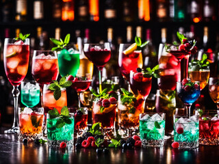 Many different refreshing colorful fruit cocktails with ice, lemon, mint and berries on a bar...