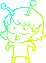 cold gradient line drawing of a cute alien girl cartoon