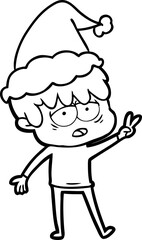 hand drawn line drawing of a exhausted boy wearing santa hat