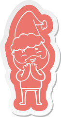 quirky cartoon  sticker of a happy bearded man wearing santa hat