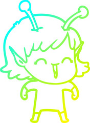 cold gradient line drawing of a cartoon alien girl laughing