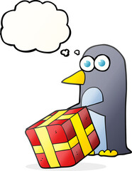 freehand drawn thought bubble cartoon penguin with christmas present