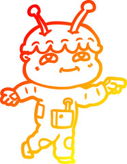 warm gradient line drawing of a friendly cartoon spaceman pointing