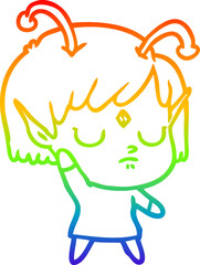 rainbow gradient line drawing of a cartoon alien girl