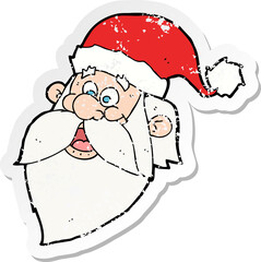 retro distressed sticker of a cartoon jolly santa claus face