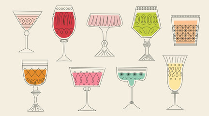 Set of alcoholic cocktails in glasses of different shapes.  Drinks in different types of vintage glasses. Line art vector illustration. Cartoon retro style - obrazy, fototapety, plakaty