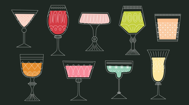 Set of alcoholic cocktails in glasses of different shapes.  Drinks in different types of vintage glasses. Line art vector illustration. Cartoon retro style