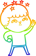 rainbow gradient line drawing of a cartoon amazed boy