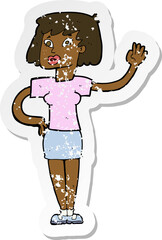 retro distressed sticker of a cartoon woman waving
