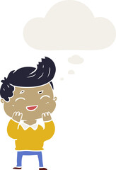 cartoon man laughing with thought bubble in retro style
