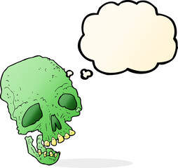 cartoon ancient spooky skull with thought bubble