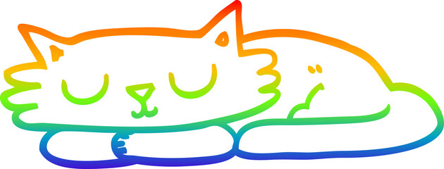 rainbow gradient line drawing of a cartoon sleeping cat