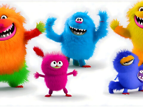 collection of Colorful furry and cute monster dancing and waving 3D render character cartoon style Isolated on transparent background