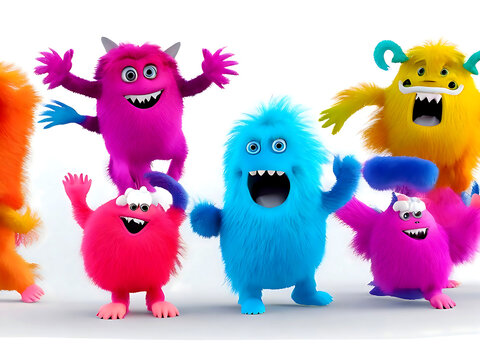 collection of Colorful furry and cute monster dancing and waving 3D render character cartoon style Isolated on transparent background