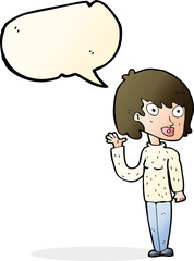 cartoon waving woman with speech bubble