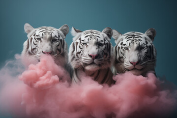 Three white tigers on a blue background with pink smoke.