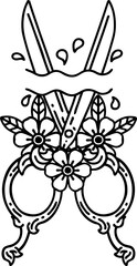 tattoo in black line style of barber scissors and flowers