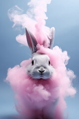 White rabbit on blue background.Minimal concept.Pastel color combination.