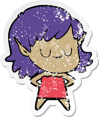 distressed sticker of a happy cartoon elf girl