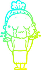 cold gradient line drawing of a cartoon crying old lady