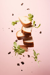 Pieces of bread and rucola leaves on a pink background.Pastel colors.