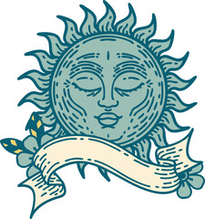 traditional tattoo with banner of a sun