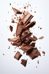 Chocolate pieces on white background.