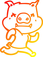warm gradient line drawing of a angry cartoon pig running