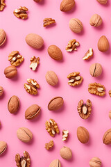 Flat lay pattern with nuts and almonds on a pink background.Minimal concept.