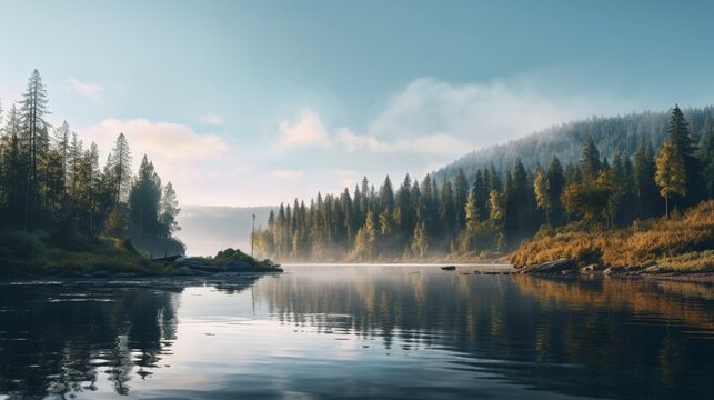 A serene, mist-covered lake surrounded by towering pine trees, creating a sense of isolation and tranquility. © Fahad