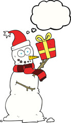 freehand drawn thought bubble cartoon snowman holding present