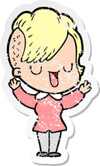 distressed sticker of a cute cartoon girl with hipster haircut
