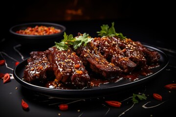 grilled rack of ribs with hot chili sauce on a plate, BBQ ribs with sauce and spices on a plate