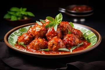 Fototapeta premium a plate of meatballs in tomato sauce on a dark background
