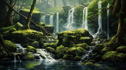 Tuinposter A serene waterfall cascading down moss-covered rocks in a secluded woodland. © Fahad