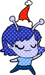 smiling alien girl hand drawn comic book style illustration of a wearing santa hat