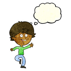 cartoon happy waving boy with thought bubble