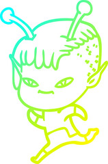 cold gradient line drawing of a cute cartoon alien girl