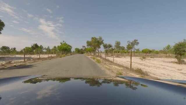 First person view, FPV, from dashcam of car driving along the Alentejo Coast in Portugal, passing cork oak trees and sand dunes. Road trip video in POV, with blue sky on an empty road